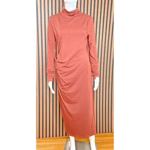 Athleta Industry Women's Dress Midi Bodycon Turtleneck Stretch Ruched M Brown - Picture 1 of 10